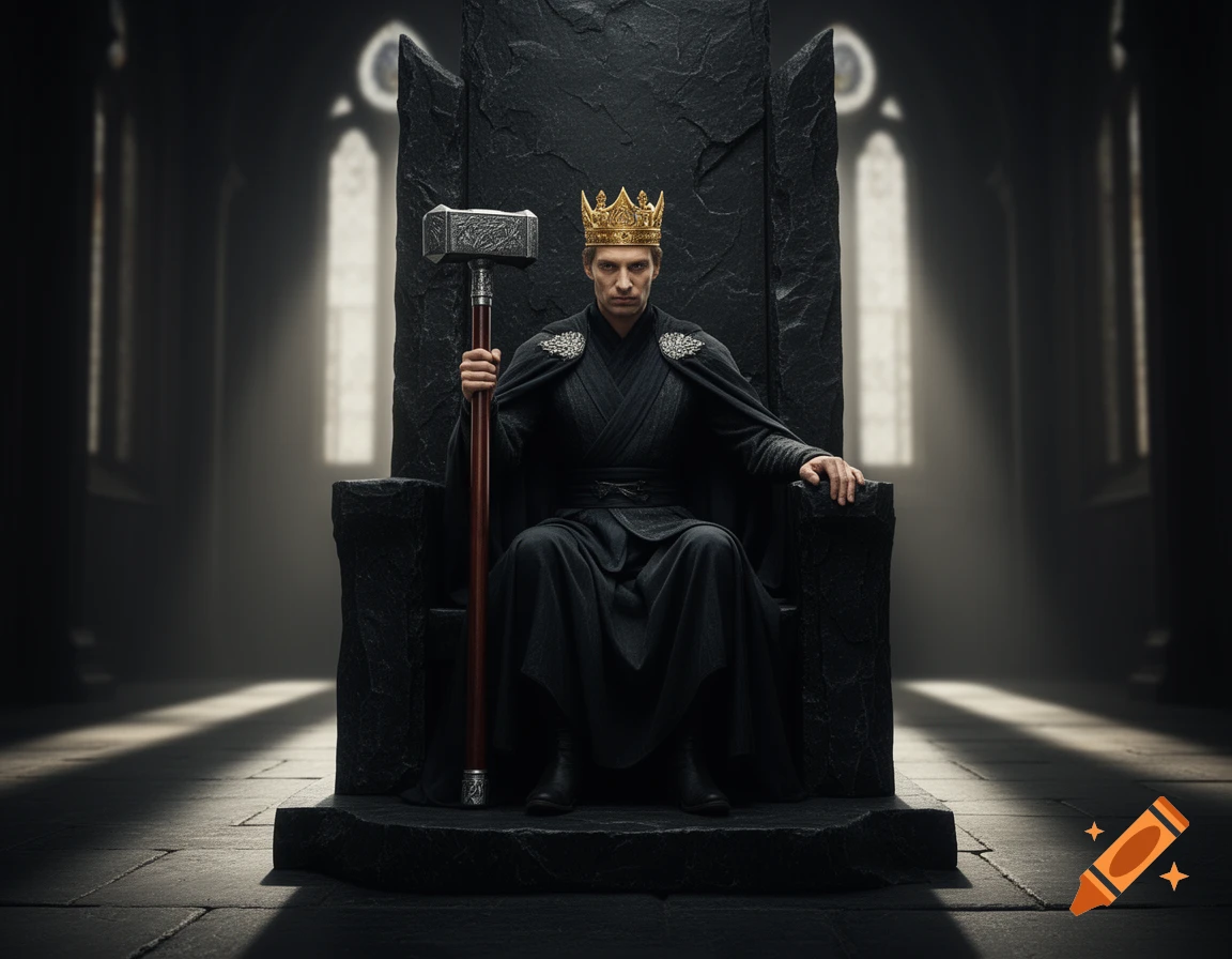 A king with a golden crown sits on a dark stone throne, holding a war hammer in a dimly lit hall.
