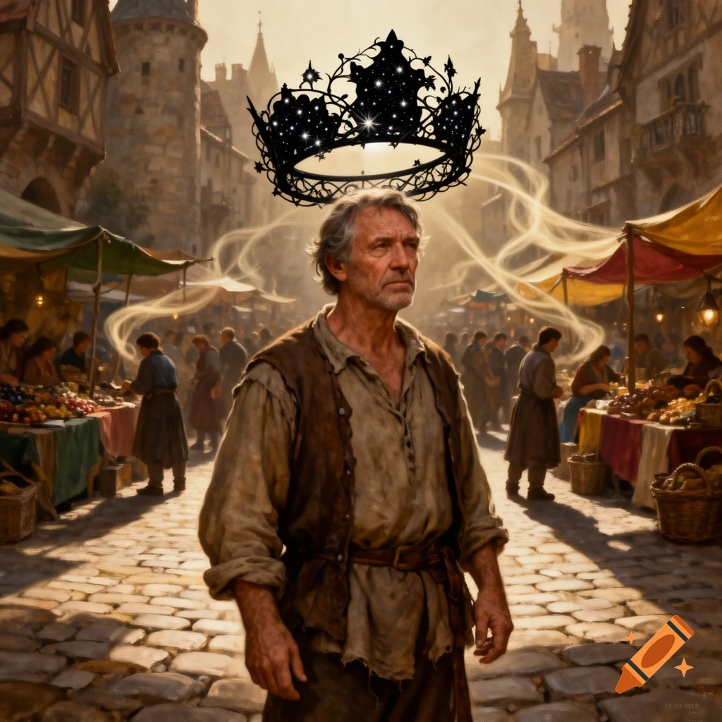 A middle-aged man in commoner clothes stands in a bustling medieval ...