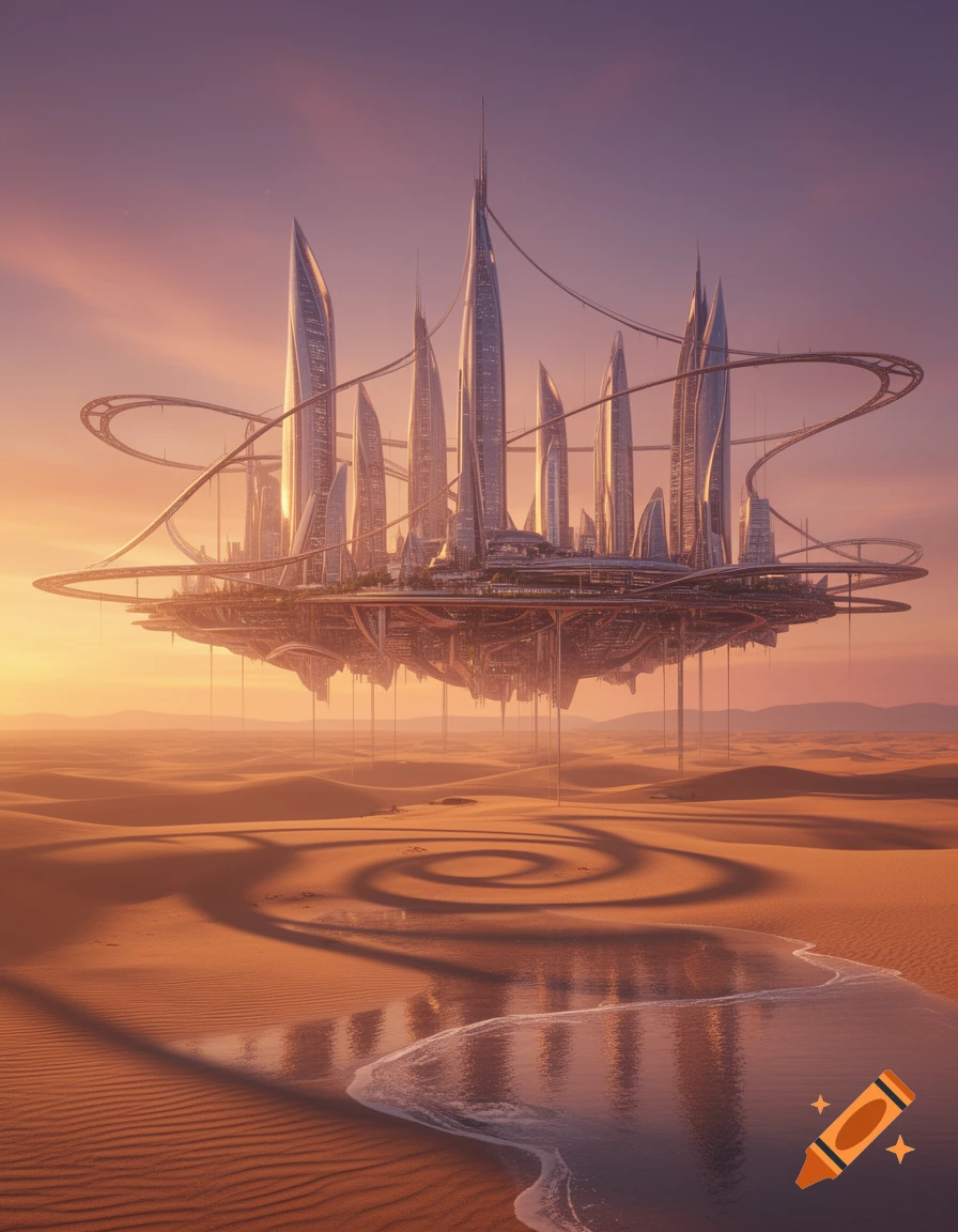 A futuristic city with sleek skyscrapers floats above a vast desert at sunset, reflected in a shallow pool of water.