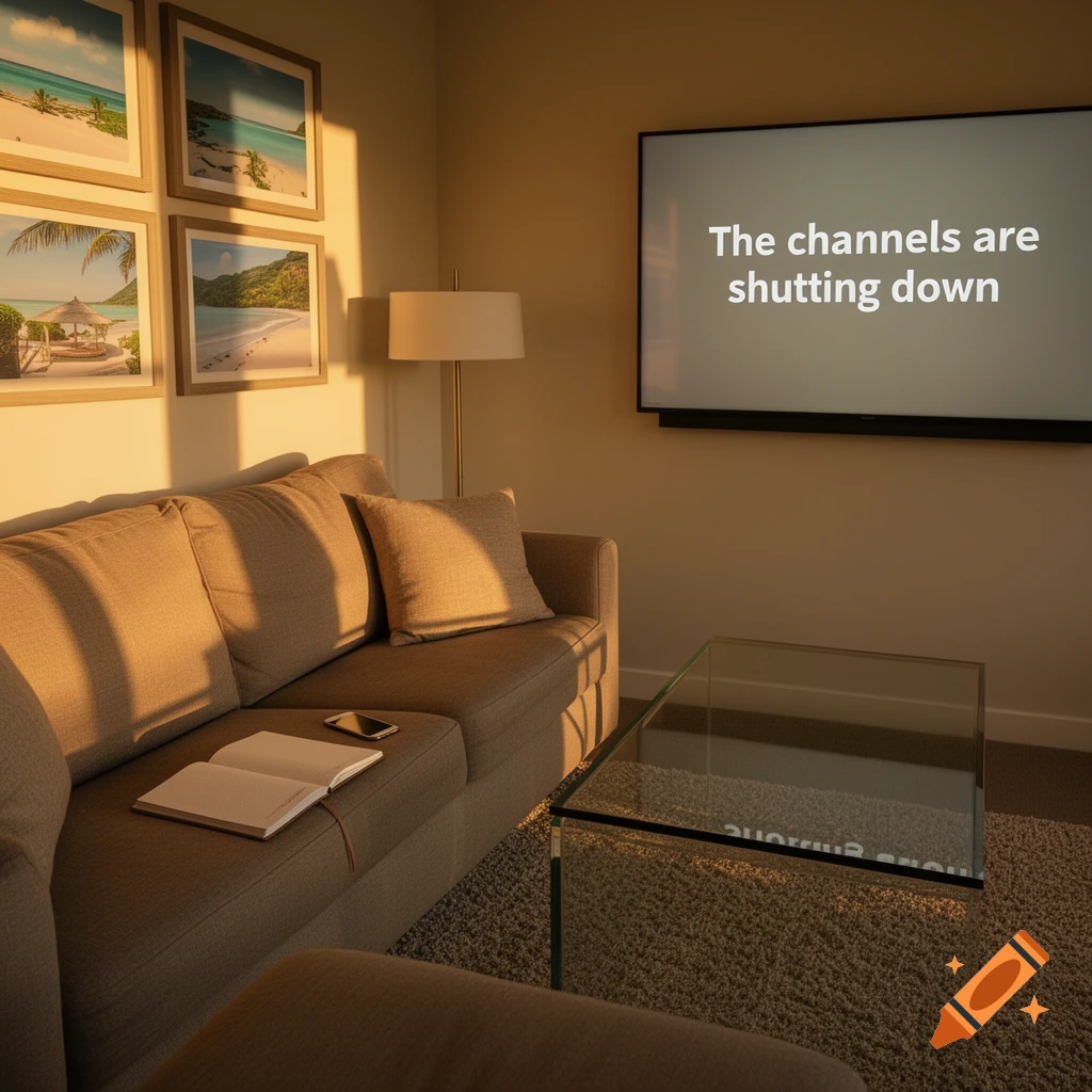 A cozy living room with a couch, glass table, and a TV screen showing 'The channels are shutting down' in warm sunlight.