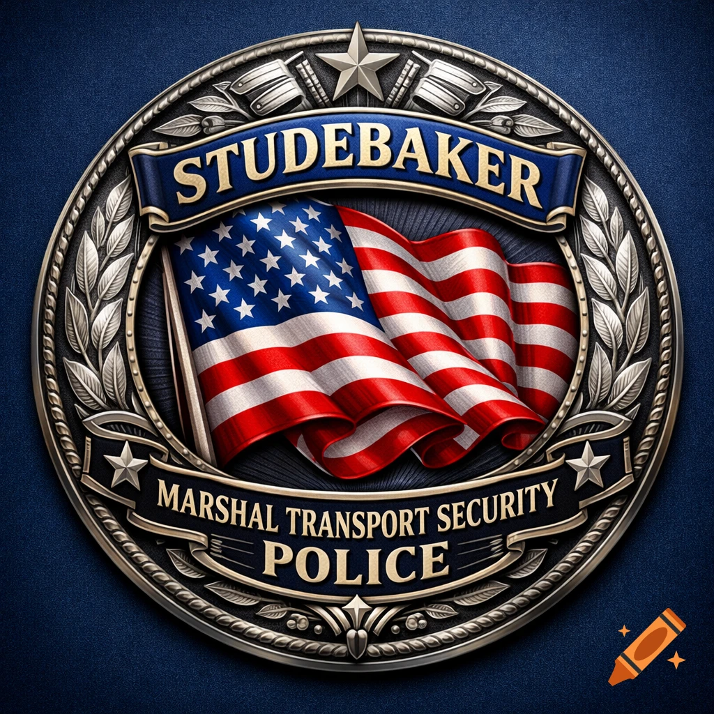 A detailed, metallic circular police emblem with an American flag, "Studebaker" on a top banner, and "Marshal Transport Security Police" on a bottom banner.
