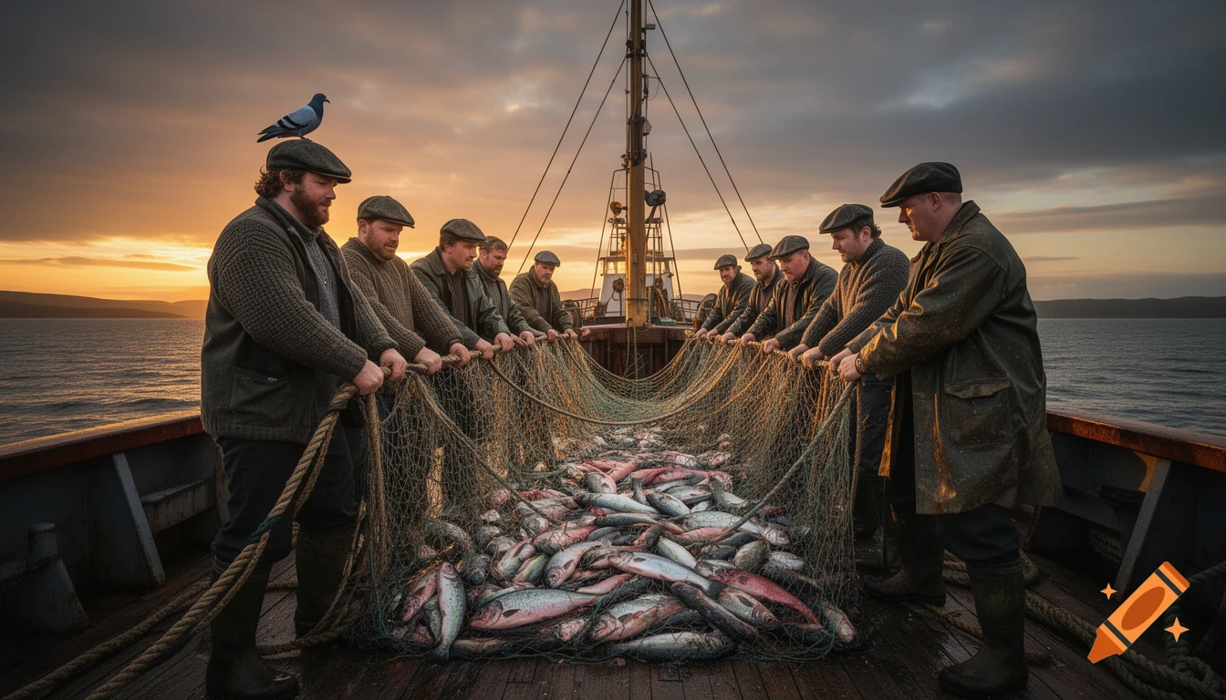 Group of Scottish fishermen in traditional attire hauling a net full of fish on a boat at sunset, with a pigeon on a man's cap.