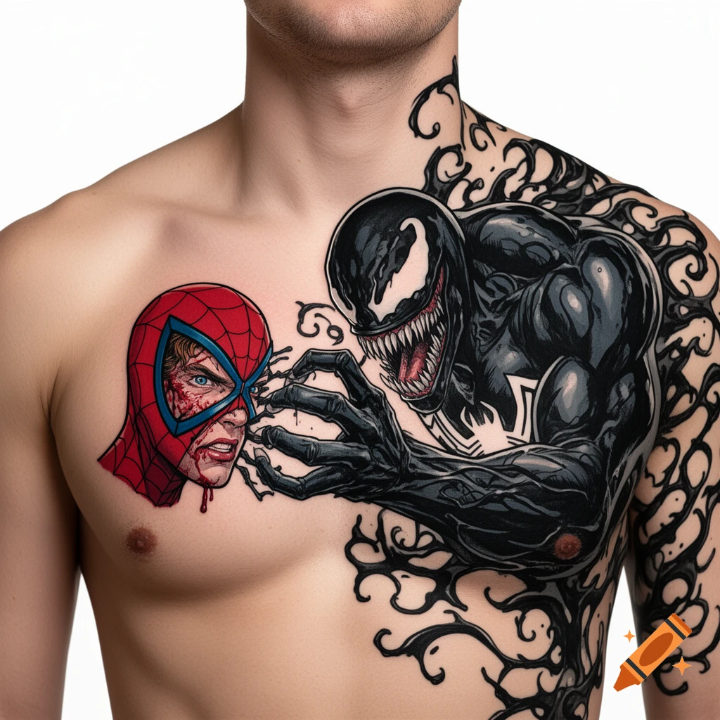 A comic book style chest tattoo featuring a bloody Spider-Man, whose mask is being ripped off by an aggressive Venom, with tendrils.