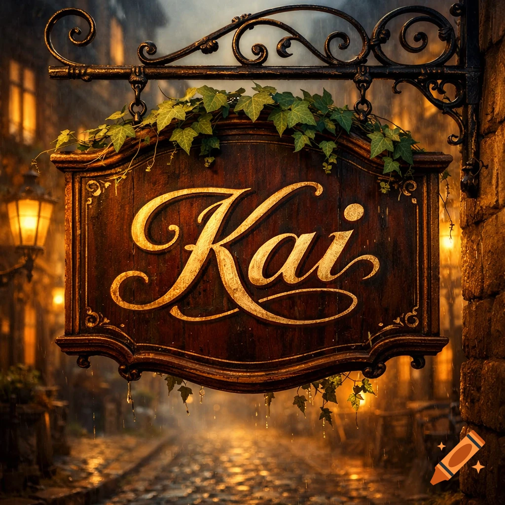 A decorative wooden sign with 'Kai' in golden cursive hangs over a rainy, cobblestone street lit by streetlights.