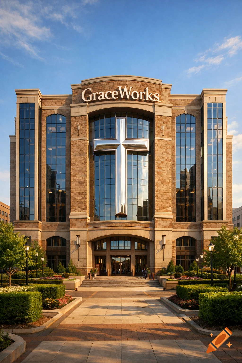 Photorealistic image of a large stone building named GraceWorks with a prominent silver cross in the center, set under a blue sky.