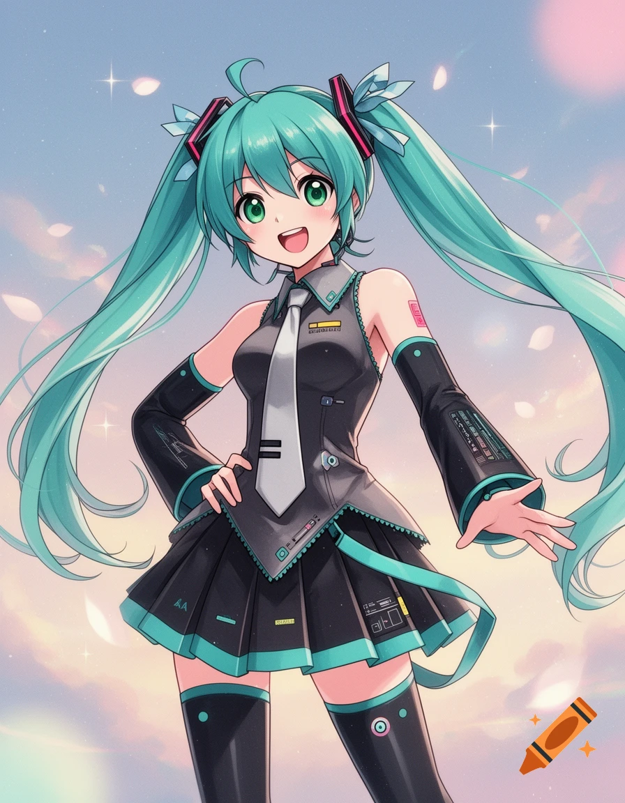 An anime illustration of Hatsune Miku with long teal pigtails and green eyes, smiling in her black and teal uniform against a pastel sky.