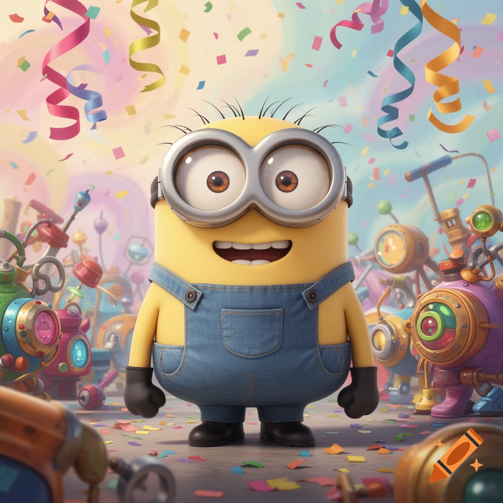 A happy Minion from Despicable Me in overalls and goggles stands among colorful confetti and streamers, with cartoon machines. Animated.