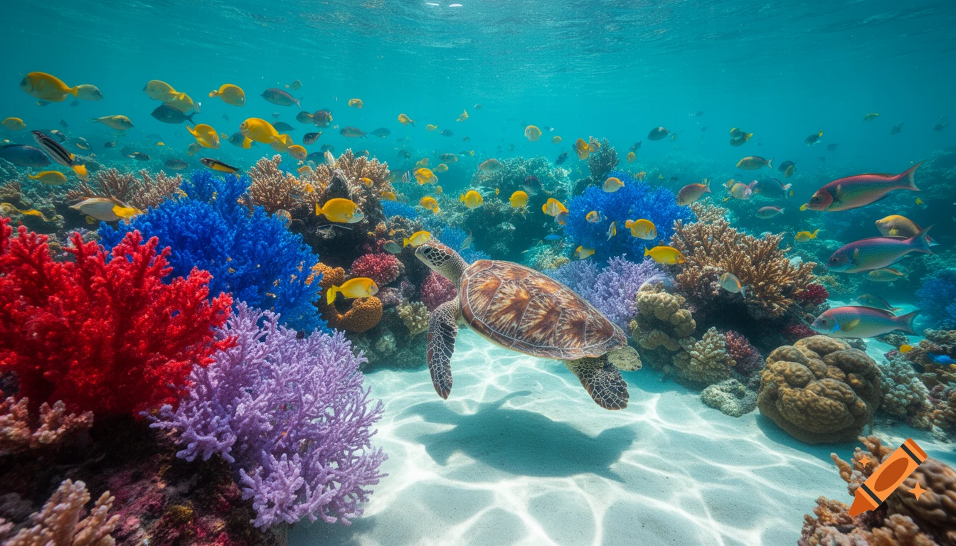 A sea turtle swims over a sandy seabed surrounded by colorful coral reefs and schools of tropical fish in clear blue water.