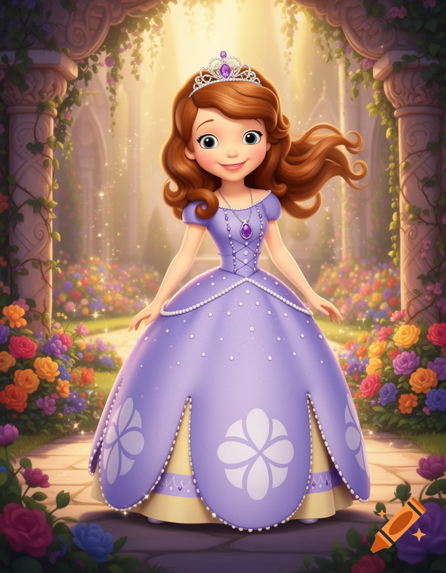 A smiling cartoon princess with red-brown hair and a purple ballgown stands in a magical garden with archways and colorful flowers.