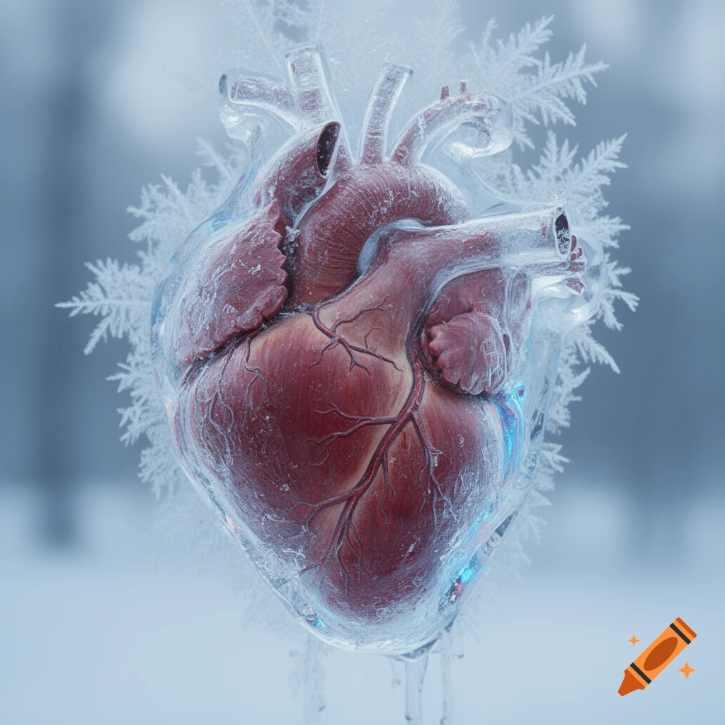 A realistic human heart encased in a block of ice with frost and delicate snowflakes against a blurred winter background.