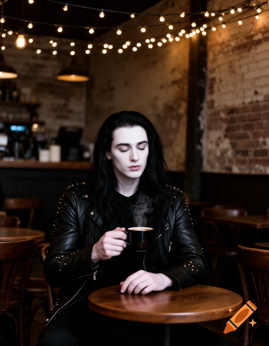 A person with long black hair and pale skin, dressed in goth fashion, sits in a dimly lit cafe, holding a steaming coffee cup.