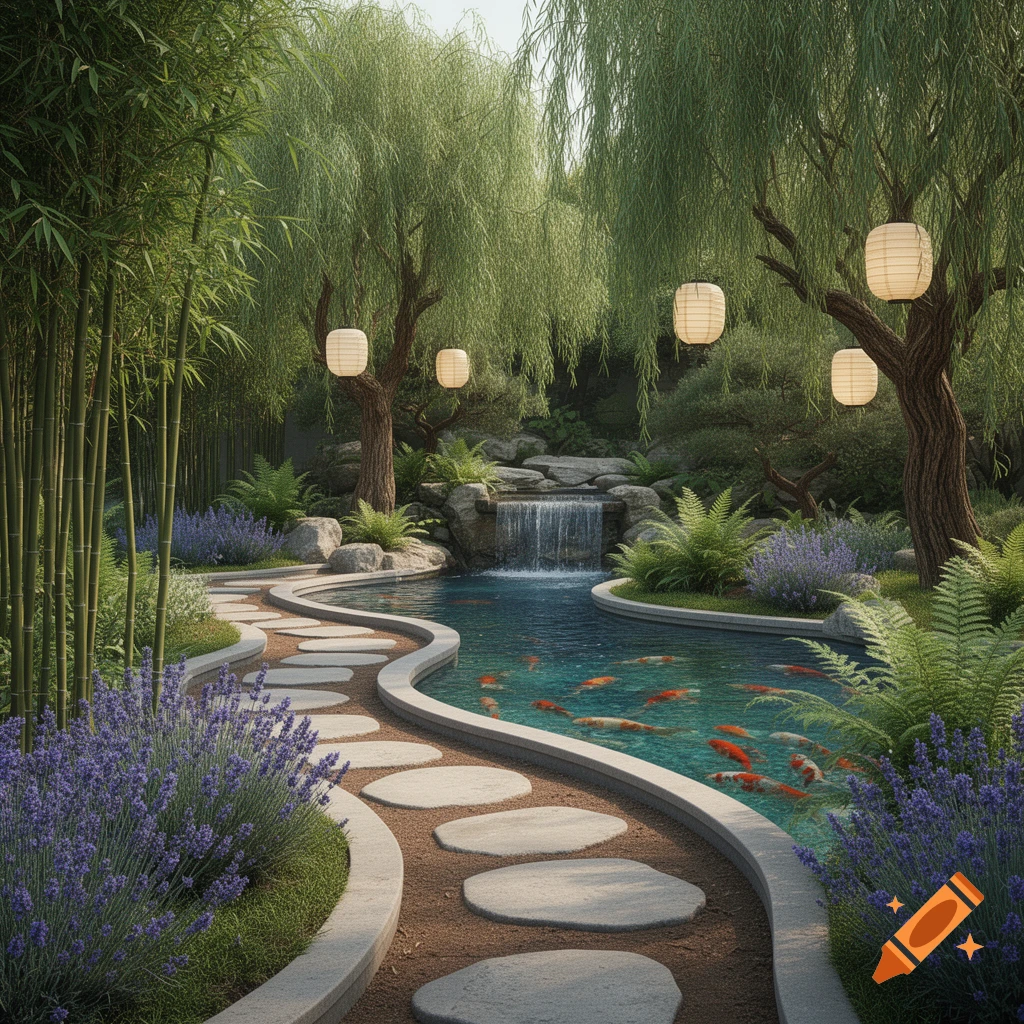 A serene Japanese garden with a winding stone path, koi pond, waterfall, bamboo, weeping willows, lavender, and lanterns.