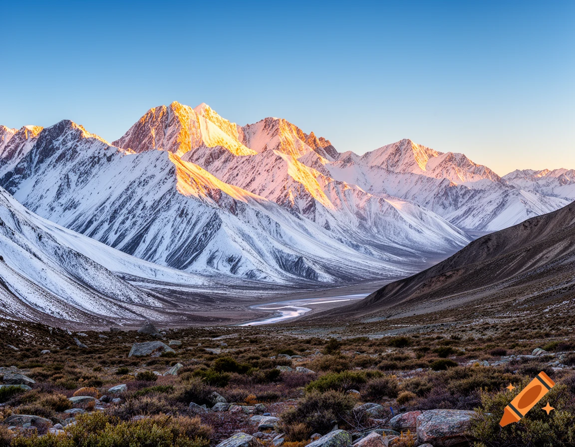 Snow-capped mountains glow golden at sunrise over a wide valley with a winding river and rocky terrain.
