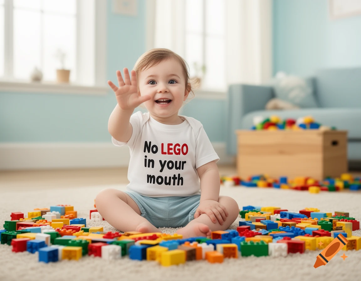A smiling baby sits on a rug, surrounded by colorful building blocks, wearing a t-shirt that says 'No LEGO in your mouth'.