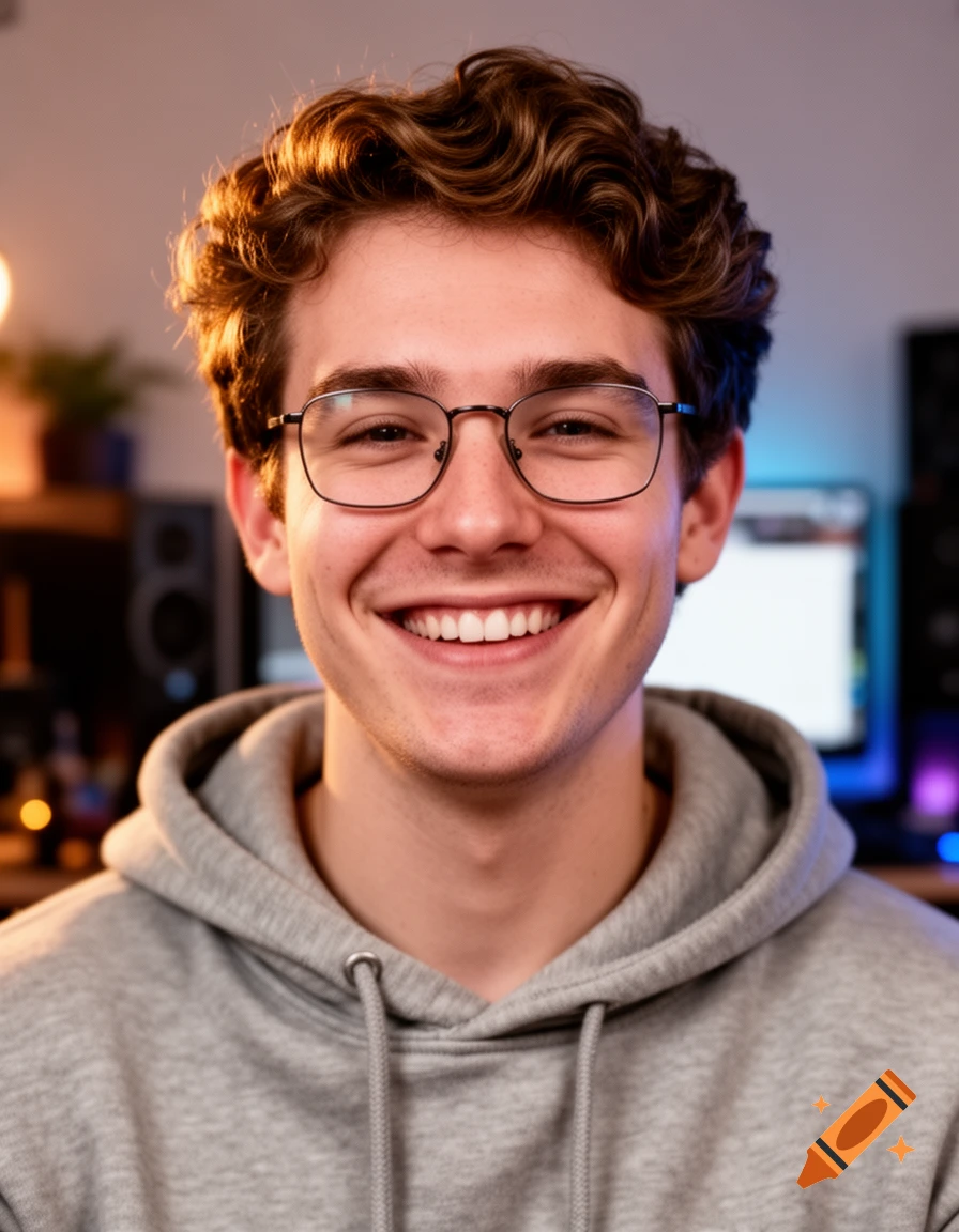 A young man with curly brown hair and glasses smiles widely into the ...