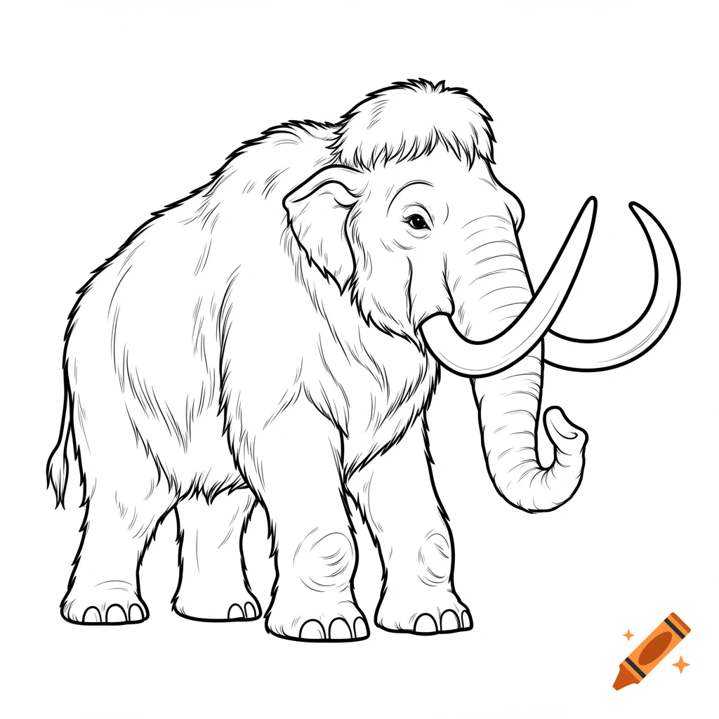 Line art drawing of a woolly mammoth with large tusks, standing on a white background.