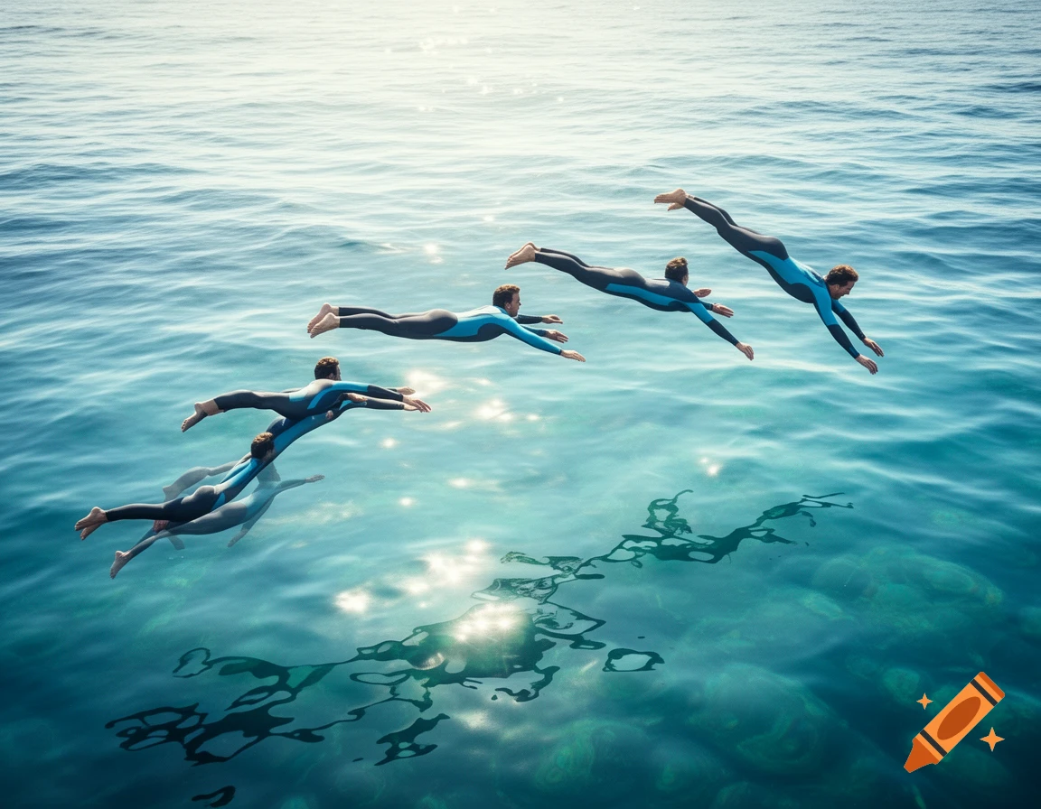 Chronophotography of four divers in black and blue wetsuits swimming in clear blue water, with sun reflections.