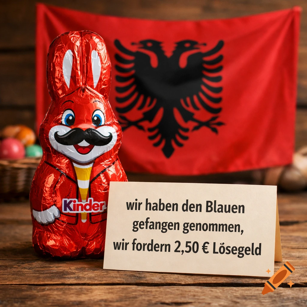 A red Kinder chocolate Easter bunny with a mustache holds a ransom note, in front of an Albanian flag on a wooden surface.