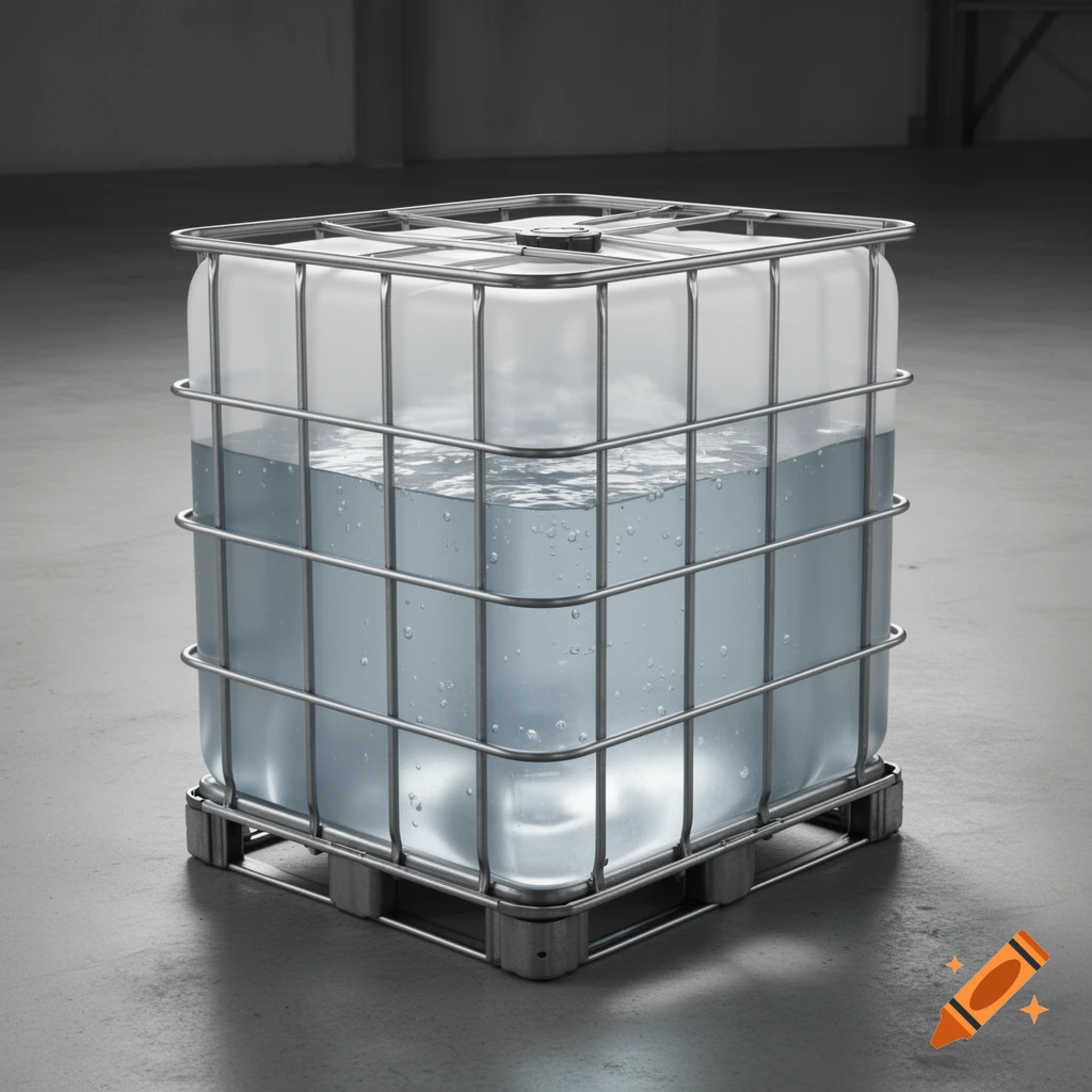 A translucent industrial bulk container (IBC tote) with a metal cage, filled 20% with water, on a concrete floor.