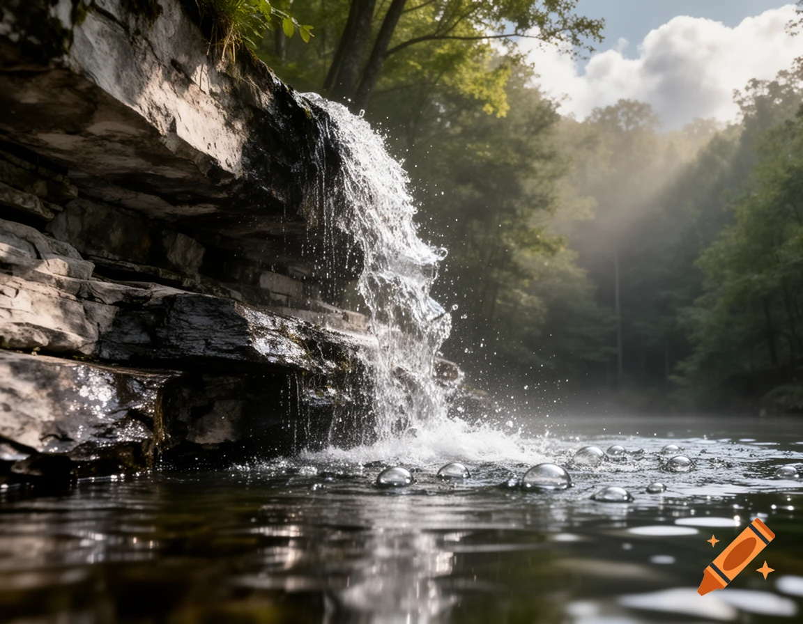 Photorealistic image of a waterfall cascading down a rocky cliff into a body of water, surrounded by lush green trees.