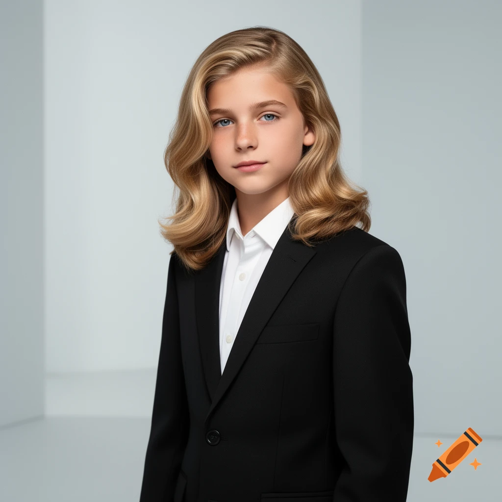Studio portrait of a young boy with long blonde hair and blue eyes, wearing a black suit and white shirt.