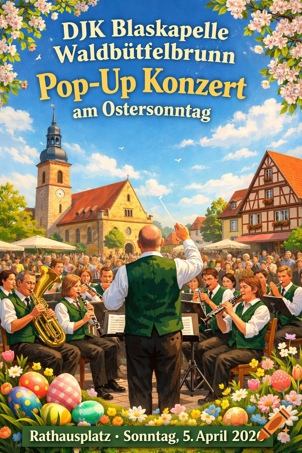 An illustrative poster shows a brass band playing in a sunny town square, surrounded by a crowd, buildings, and spring flowers with Easter eggs.