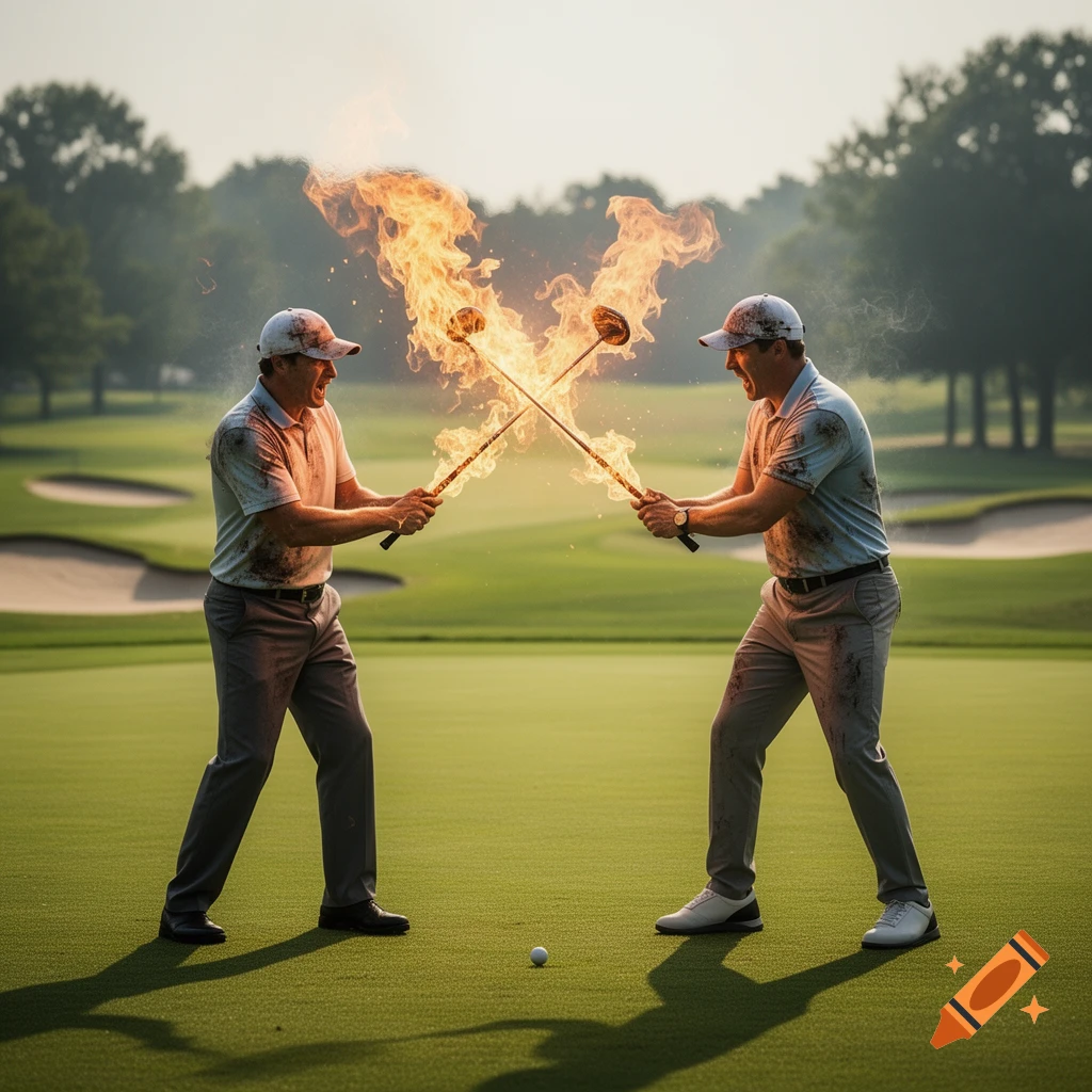 Two male golfers fighting on a green with flaming golf clubs, a golf ball resting on the grass.