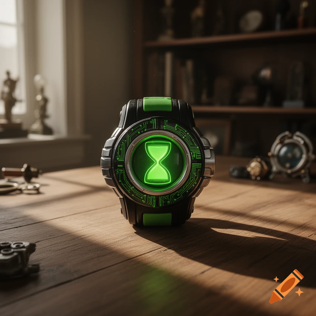 A black and green futuristic watch with a glowing green hourglass symbol on a wooden table.