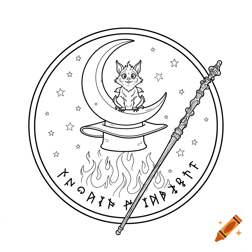 Black and white coloring page: a bat-like creature on a crescent moon above a wizard's hat with flames, stars, and a magic wand.