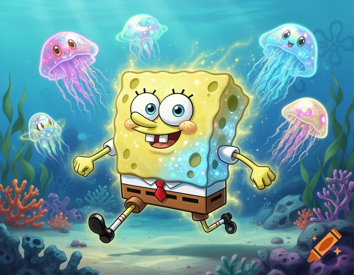 SpongeBob SquarePants glows with light as he runs underwater, surrounded by five colorful, smiling jellyfish and coral reefs.