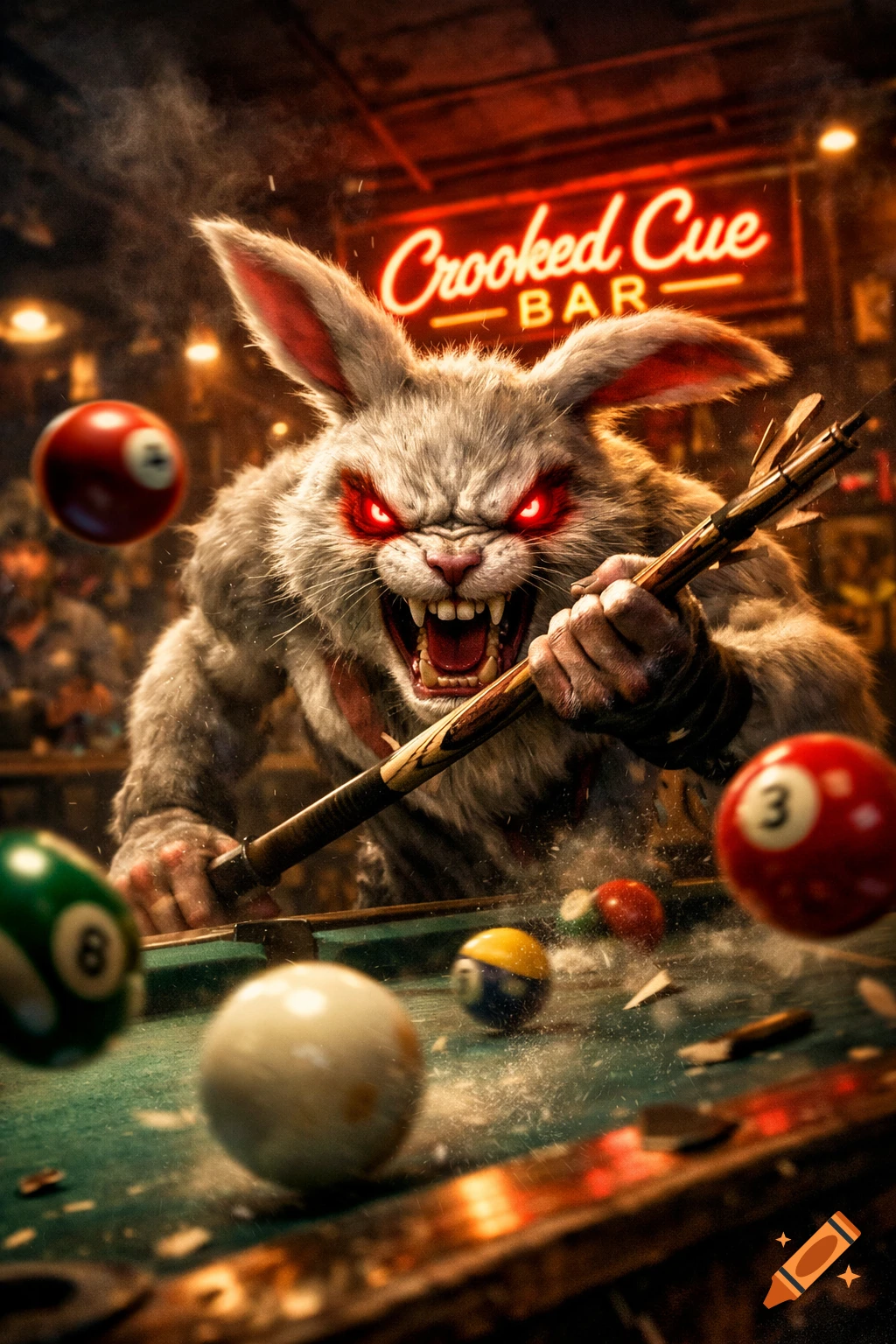 An aggressive, monstrous white bunny with glowing red eyes plays billiards in a gritty bar with a neon 'Crooked Cue Bar' sign.