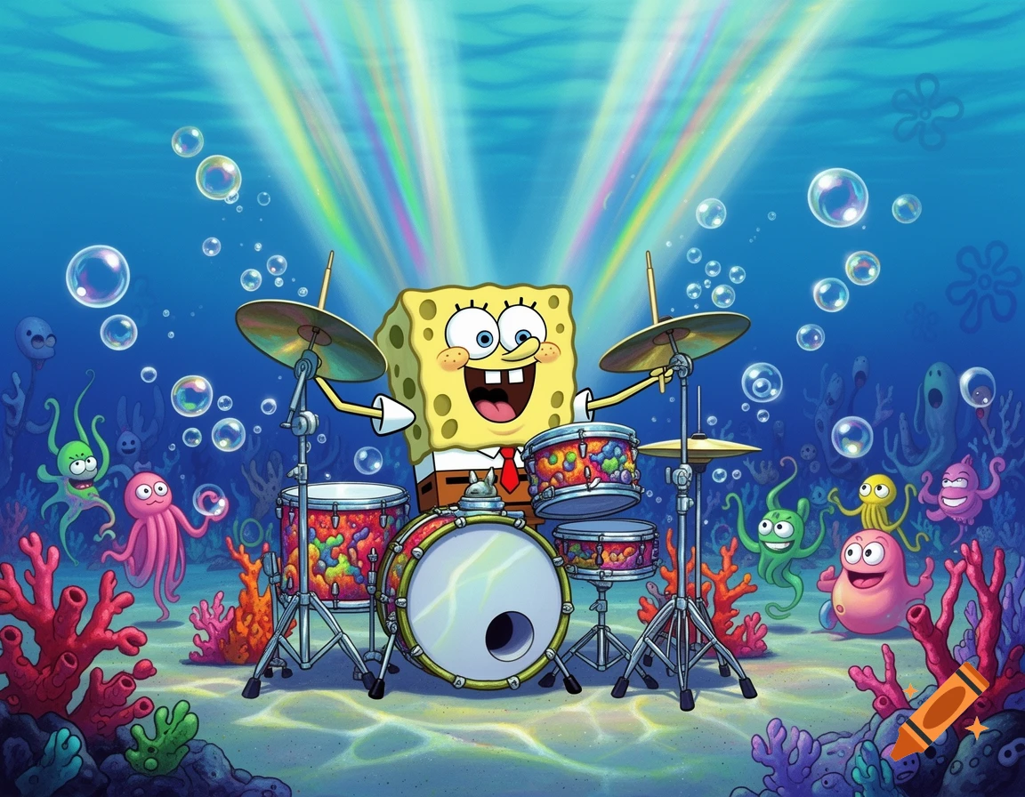 SpongeBob SquarePants plays a colorful drum kit underwater, surrounded by bubbles and cheerful sea creatures.