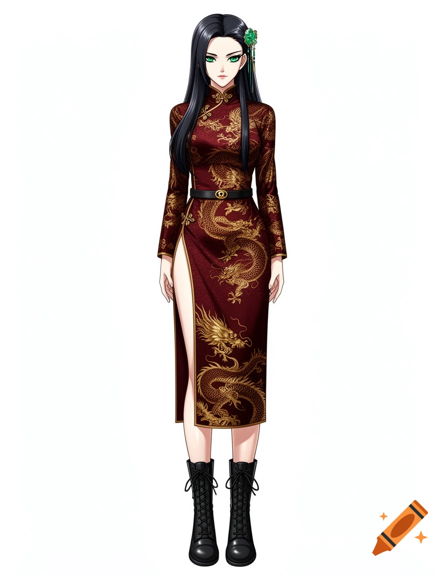 Full-body anime woman with long black hair and green eyes, wearing a dark red cheongsam dress with gold dragons and black boots.