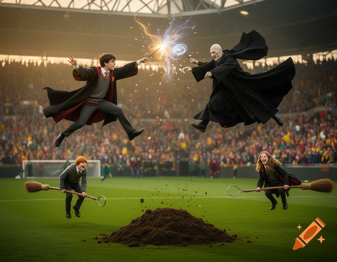 Harry Potter and Voldemort duel mid-air with magic wands over a Quidditch field, while Ron and Hermione laugh on brooms nearby.