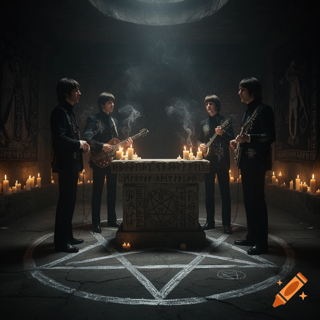 Four men resembling The Beatles perform a satanic ritual in a dark, candlelit chamber, with a pentagram on the floor and a stone altar.