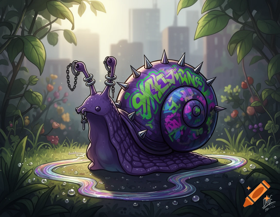 A vibrant purple punk snail with a spiked, graffiti-covered shell, piercings, and a rainbow trail, in a cartoon style.