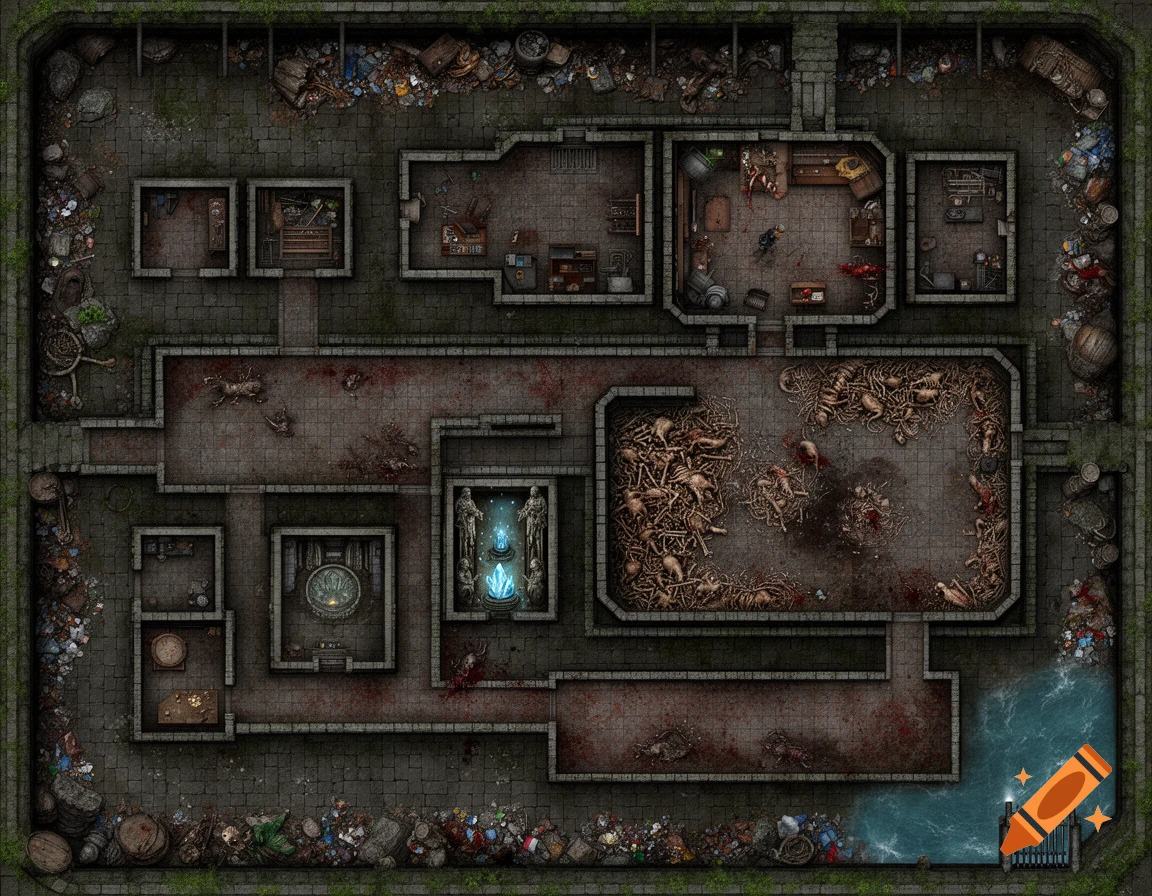 A detailed top-down fantasy battlemap of a grim, blood-stained dungeon sewer with rooms full of bones and debris, leading to a water exit.