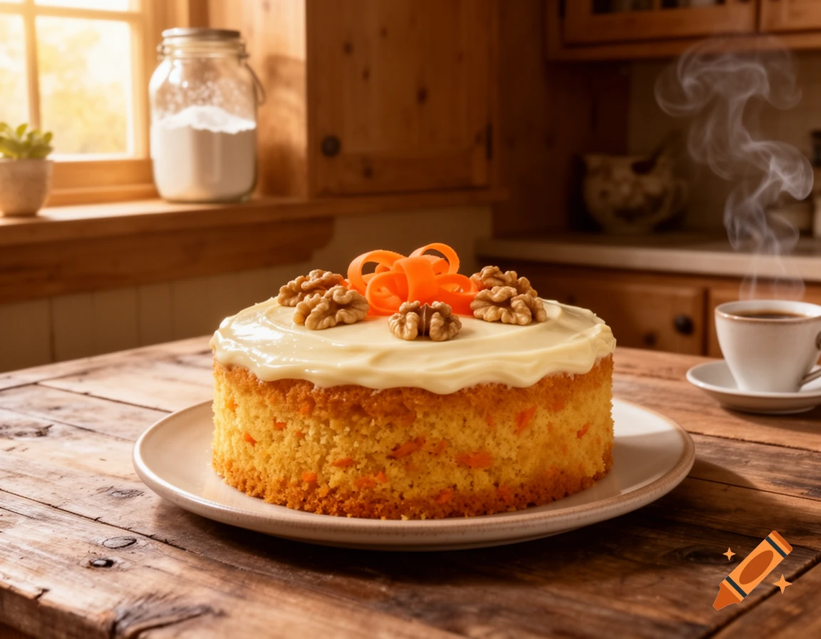 Photorealistic carrot cake with cream cheese frosting, walnuts, and carrot curls on a rustic kitchen table, steaming coffee in background.