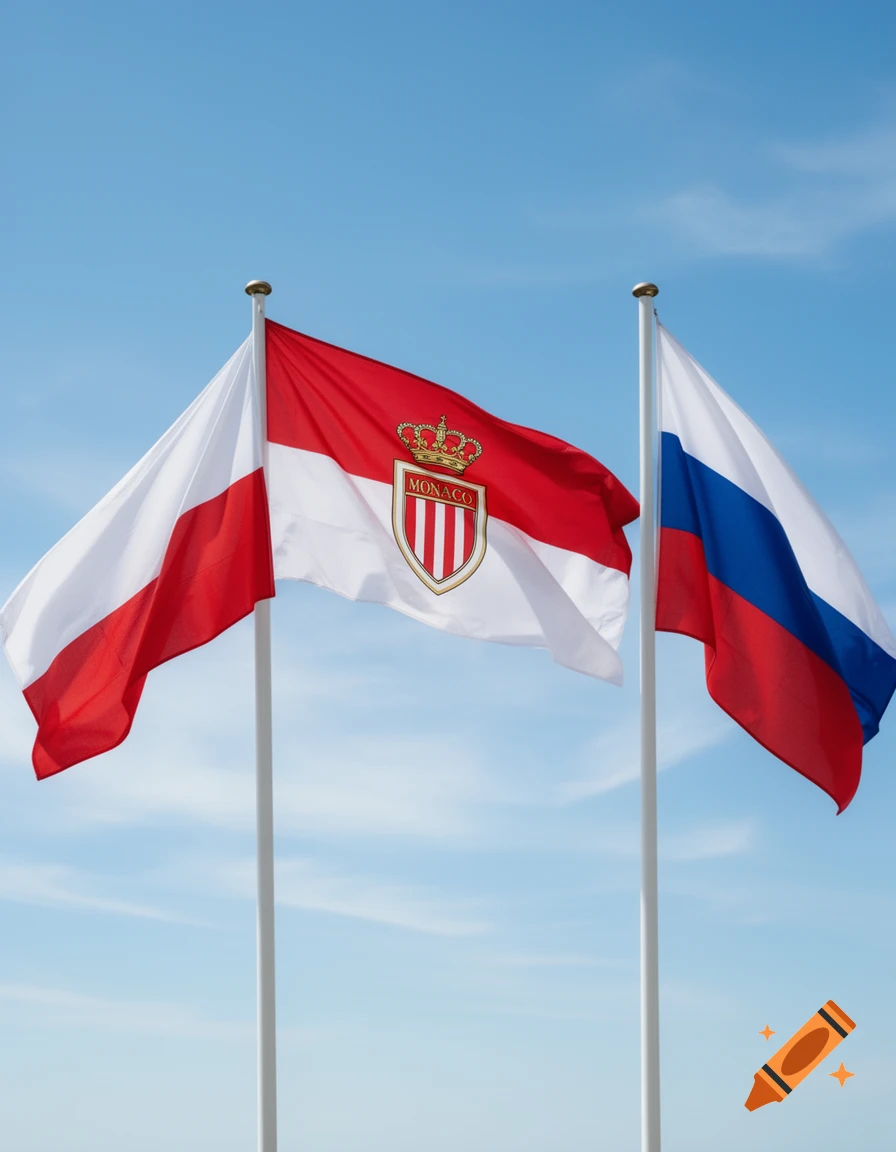 Two flags, the red and white Monaco flag with its coat of arms, and the white, blue, and red Russian flag, wave against a clear blue sky.