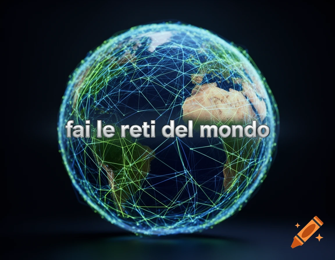 A digital globe with visible continents is covered in a glowing network of blue and green lines, with the text 'fai le reti del mondo' overlaid.