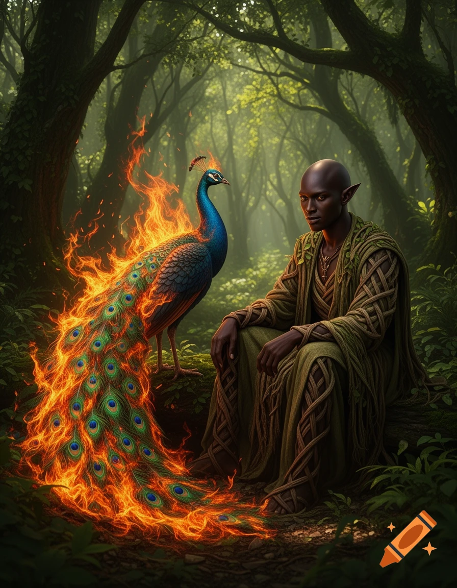 A bald dark-skinned elf-like druid sits in a mystical forest next to a peacock with flaming tail feathers.