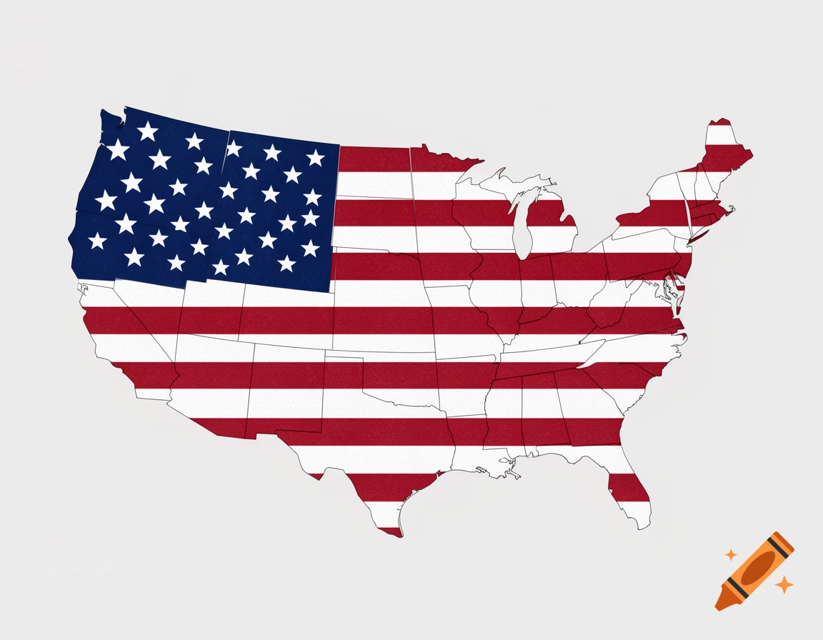 Map of the continental United States filled with a fragmented American flag design.