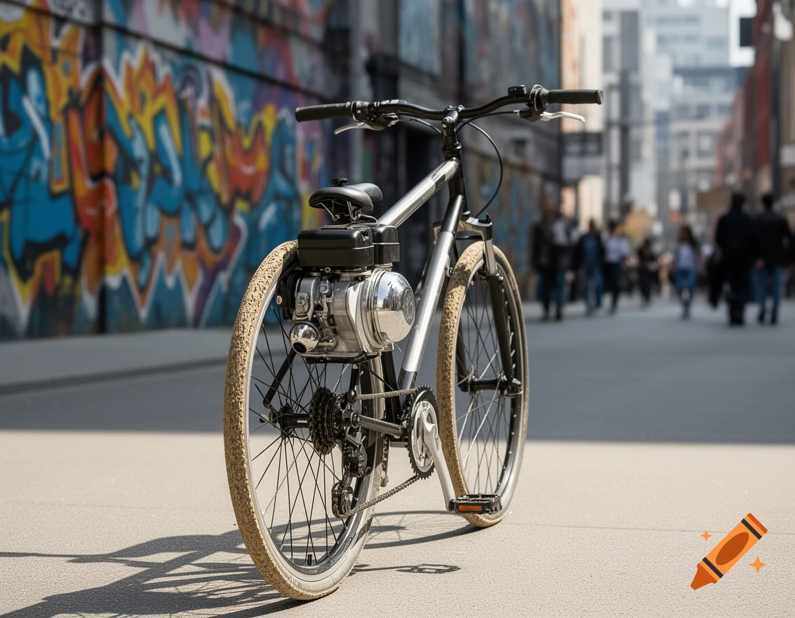 A motorized bicycle with a chrome engine mounted on its frame, parked on an urban street with vibrant graffiti on a wall.