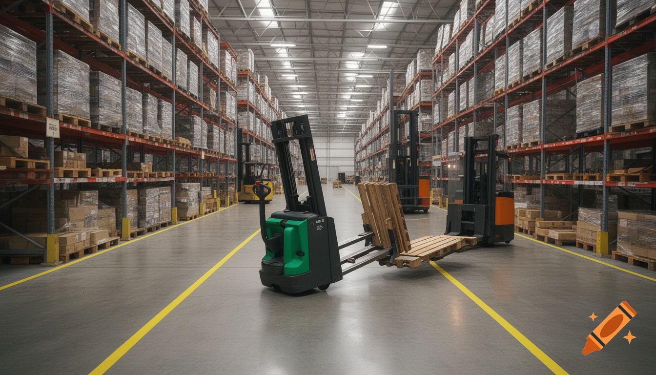 A photorealistic view of a modern warehouse, with tall shelves packed with pallets and several forklifts on the wide aisles.