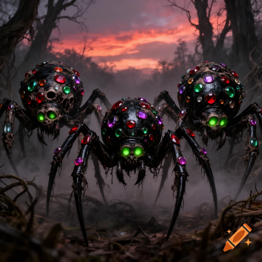 Three large, bedazzled black spiders with glowing green eyes stand in a dark, misty forest under a red sunset.