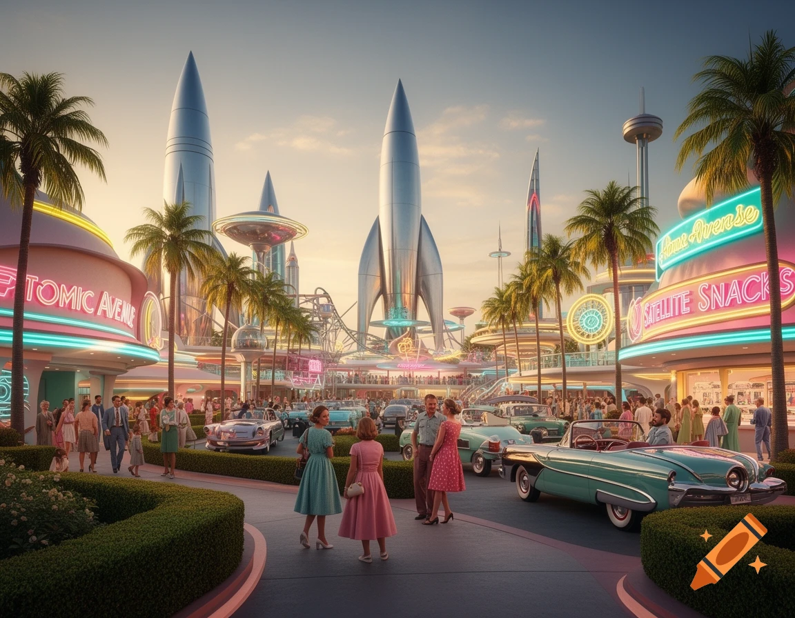 A retro-futuristic theme park scene at dusk, with towering silver rockets, neon signs, classic cars, and people in 1950s-60s fashion.