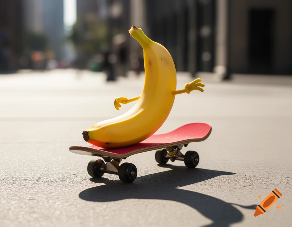 A cartoonish banana with small yellow arms rides a red skateboard on a sunny city street.