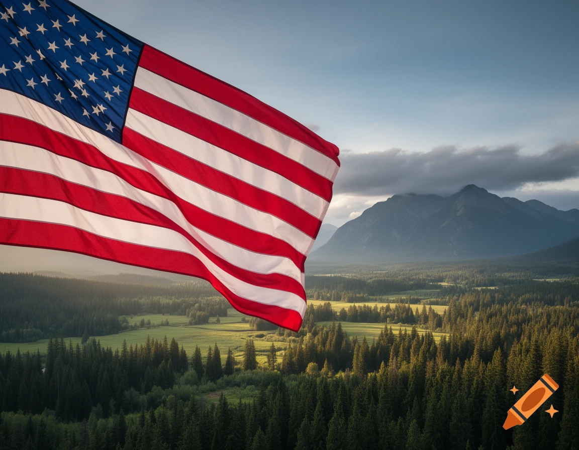 A large American flag waves prominently over a scenic landscape with lush green forests, a valley, and majestic mountains under a cloudy sky.