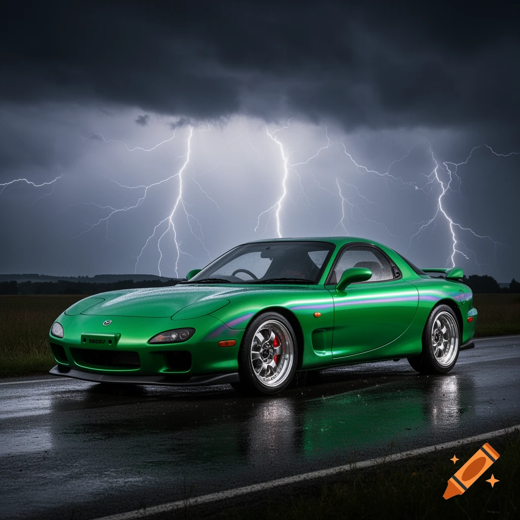 Green Mazda RX-7 on a wet road under a dark, stormy sky with lightning.