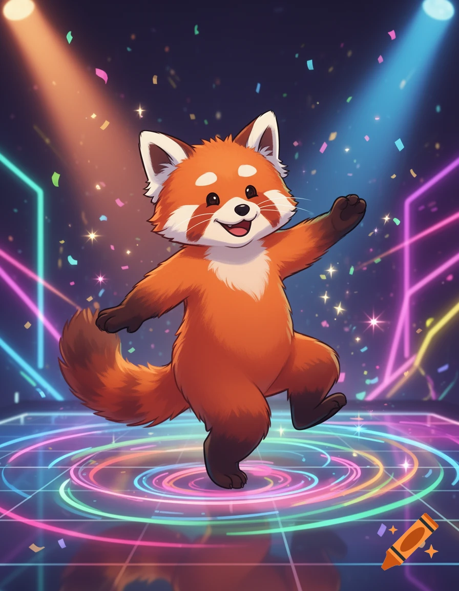 A cute cartoon red panda character dances on a glowing, colorful disco floor with confetti falling around it.